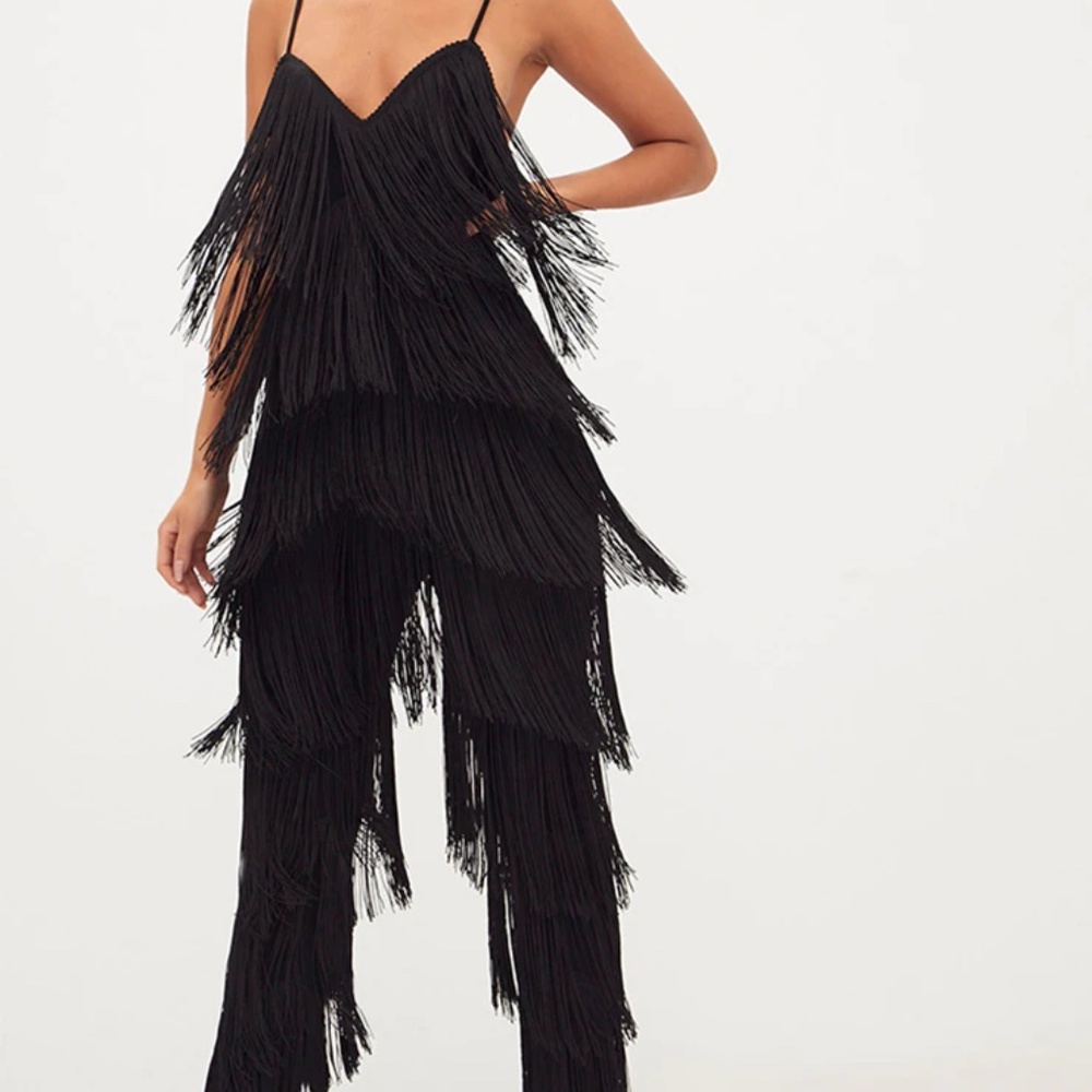 BLACK TASSEL PLUNGE JUMPSUIT